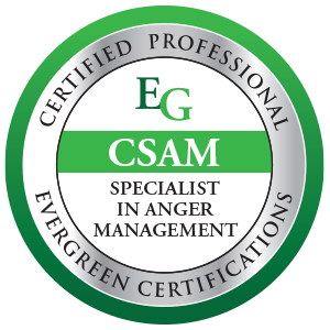CSAM badge from Evergreen Certifications, indicating Certified Specialist in Anger Management.
